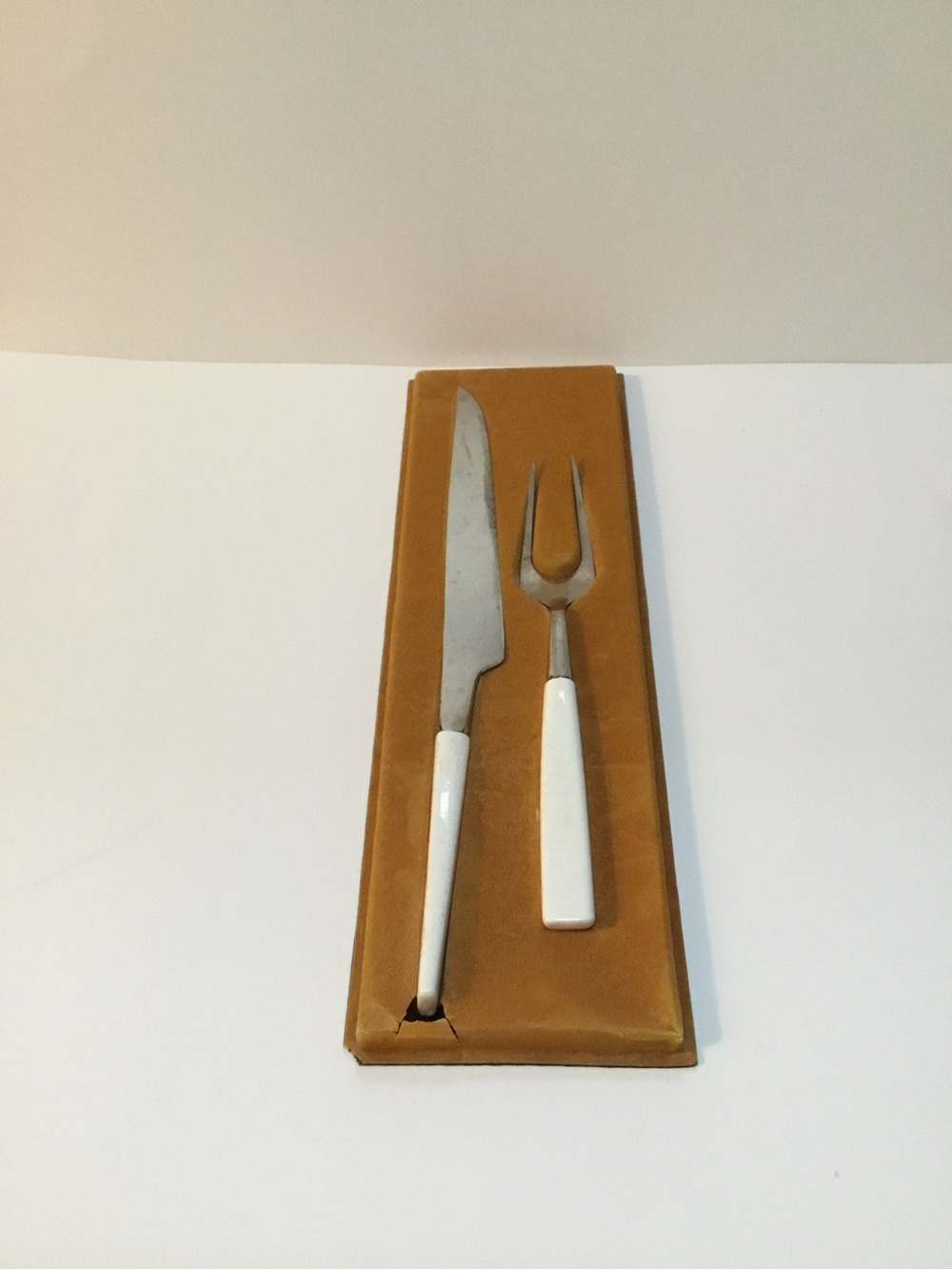 Corningware White Handle Carving Knife and Fork Set